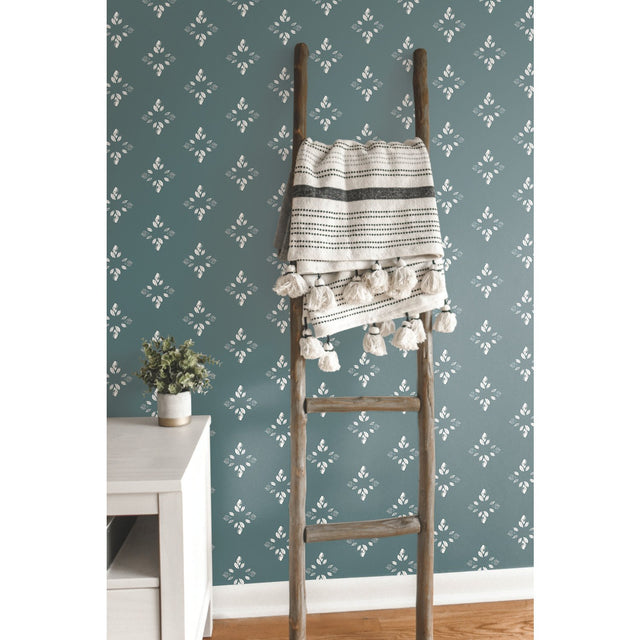 Pressed Petals Denim Peel & Stick Wallpaper with Floral Diamond Motif - York RMK12146WP