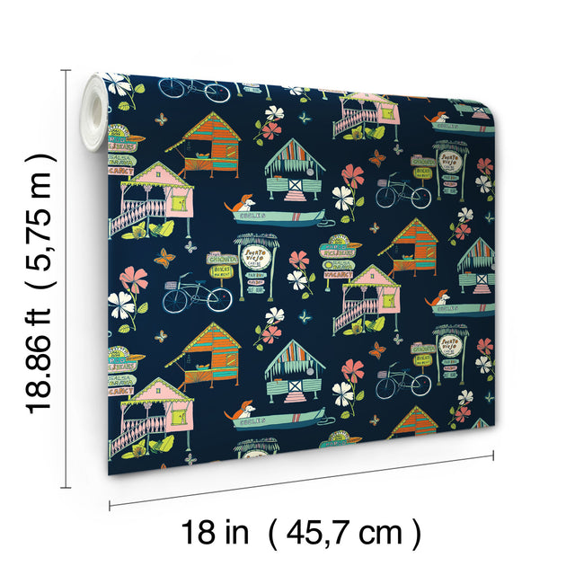 Caribbean Blue Peel & Stick Wallpaper with Whimsical Botanical Flowers Pattern - York RMK12153RL
