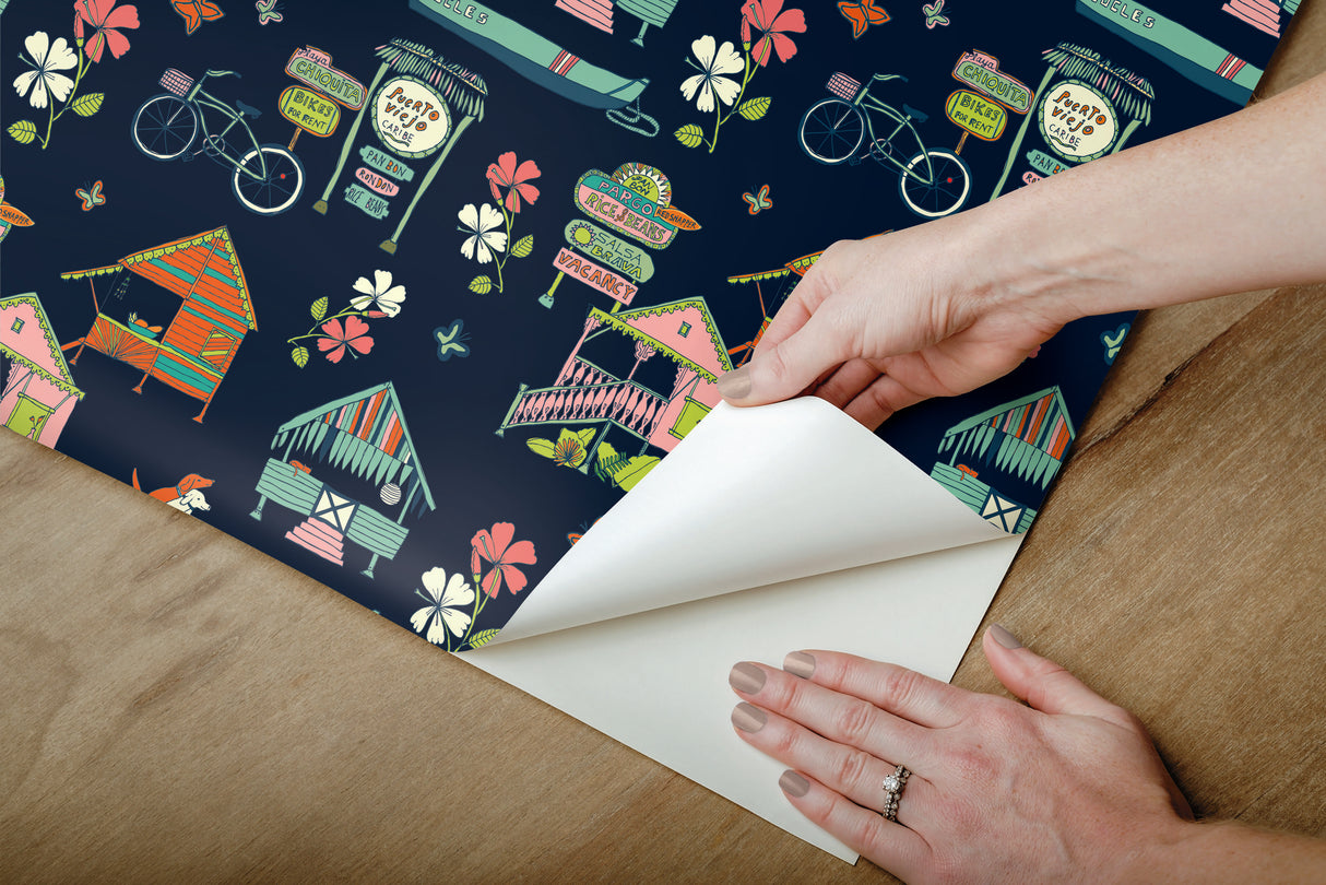 Caribbean Blue Peel & Stick Wallpaper with Whimsical Botanical Flowers Pattern - York RMK12153RL