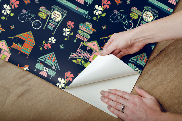 Caribbean Blue Peel & Stick Wallpaper with Whimsical Botanical Flowers Pattern - York RMK12153RL
