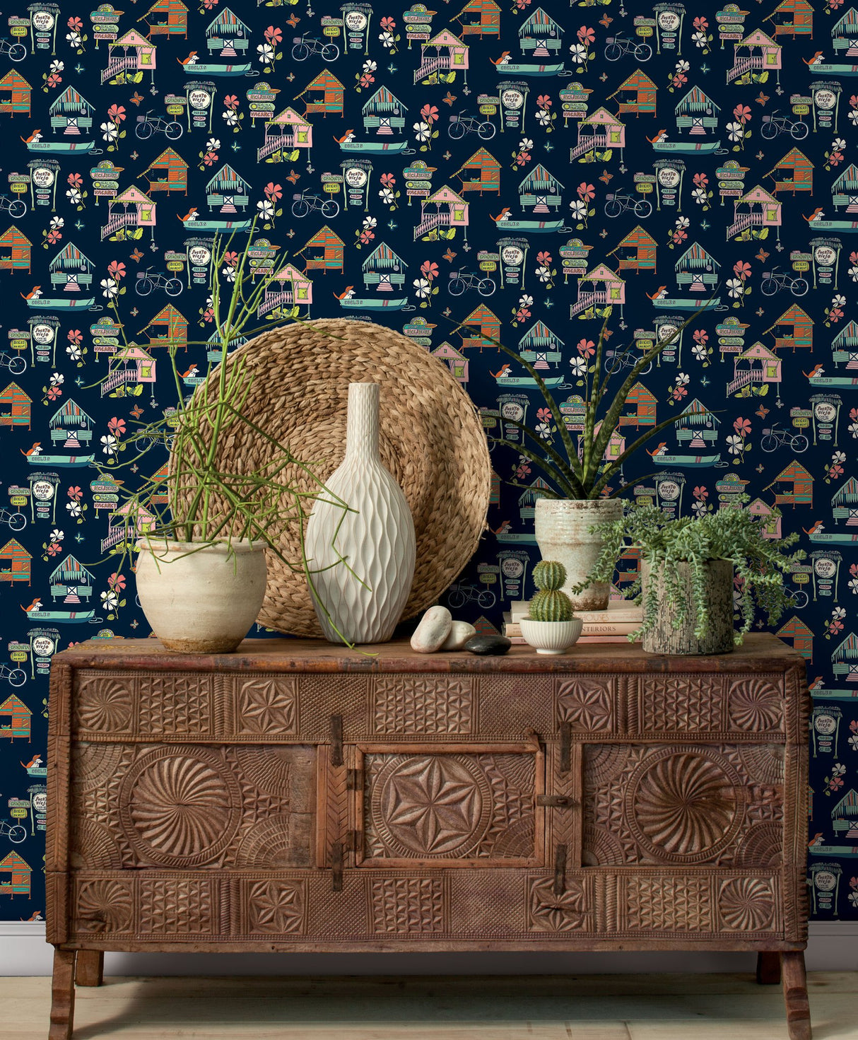 Caribbean Blue Peel & Stick Wallpaper with Whimsical Botanical Flowers Pattern - York RMK12153RL