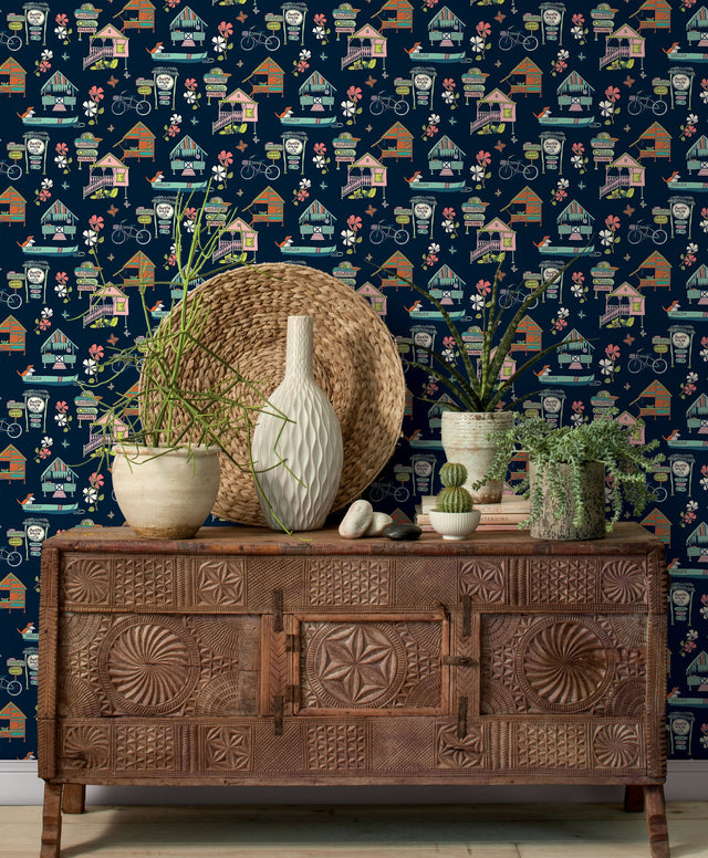 Caribbean Blue Peel & Stick Wallpaper with Whimsical Botanical Flowers Pattern - York RMK12153RL