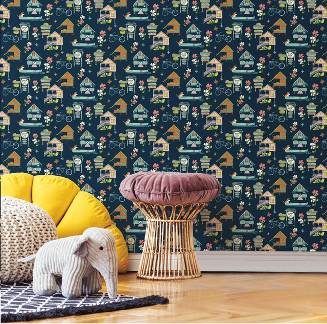 Caribbean Blue Peel & Stick Wallpaper with Whimsical Botanical Flowers Pattern - York RMK12153RL