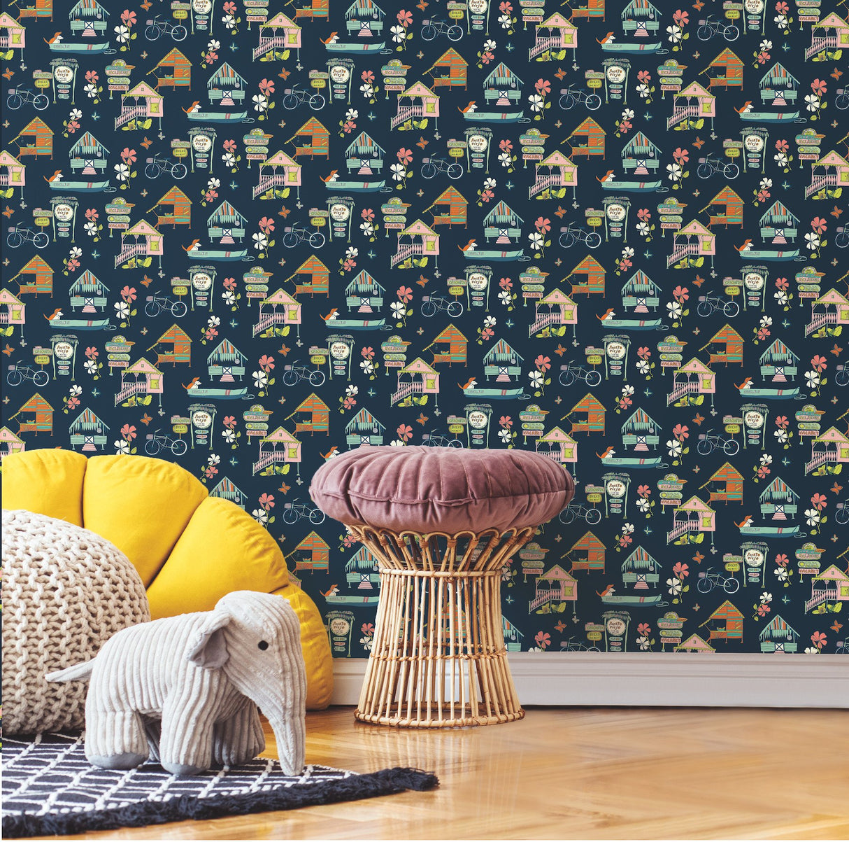 Caribbean Blue Peel & Stick Wallpaper with Whimsical Botanical Flowers Pattern - York RMK12153RL