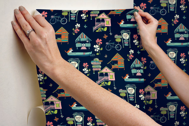 Caribbean Blue Peel & Stick Wallpaper with Whimsical Botanical Flowers Pattern - York RMK12153RL