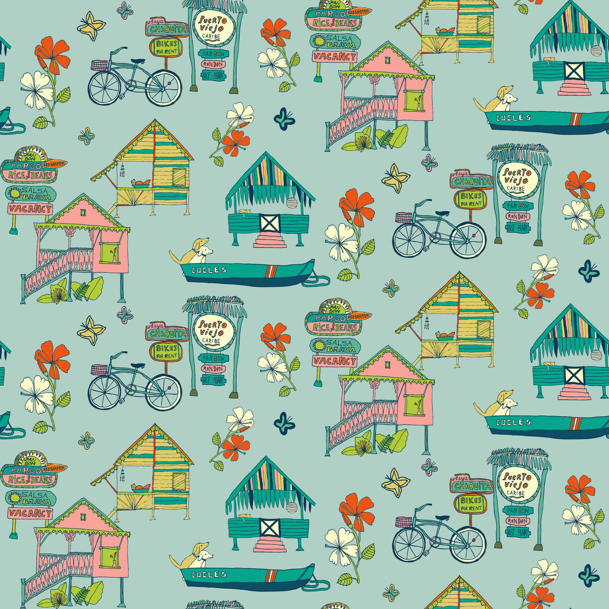 Caribbean Blue Peel & Stick Wallpaper with Whimsical Botanical Flowers Pattern - York RMK12154RL