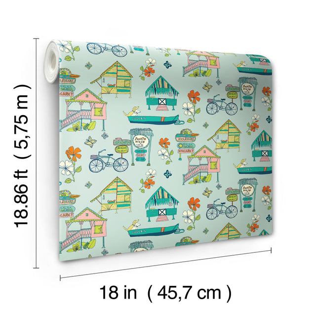 Caribbean Blue Peel & Stick Wallpaper with Whimsical Botanical Flowers Pattern - York RMK12154RL
