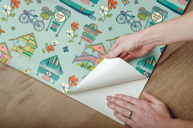 Caribbean Blue Peel & Stick Wallpaper with Whimsical Botanical Flowers Pattern - York RMK12154RL