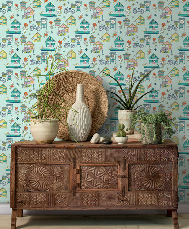 Caribbean Blue Peel & Stick Wallpaper with Whimsical Botanical Flowers Pattern - York RMK12154RL