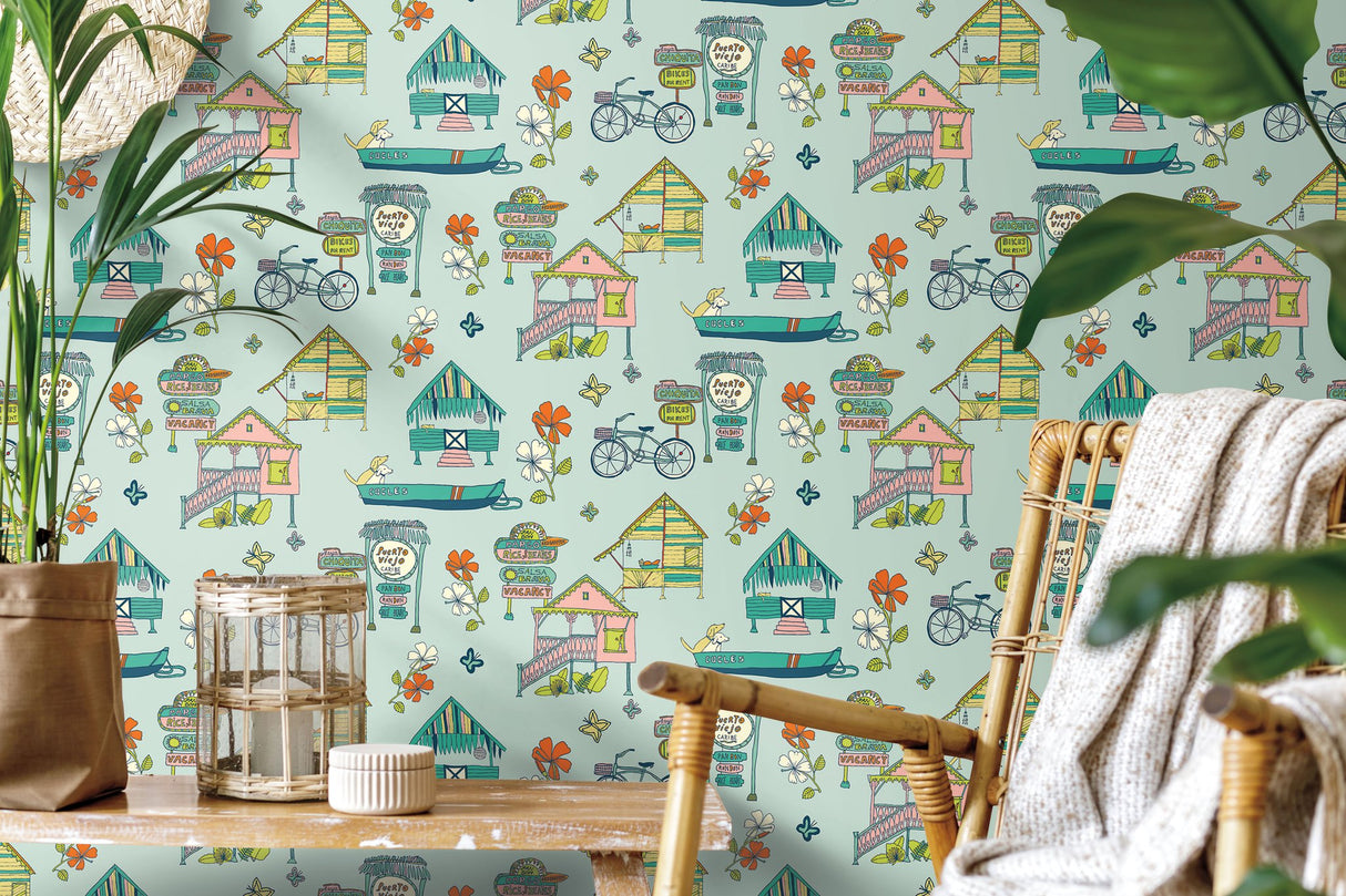 Caribbean Blue Peel & Stick Wallpaper with Whimsical Botanical Flowers Pattern - York RMK12154RL
