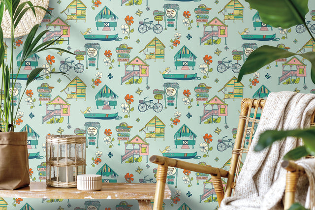 Caribbean Blue Peel & Stick Wallpaper with Whimsical Botanical Flowers Pattern - York RMK12154RL