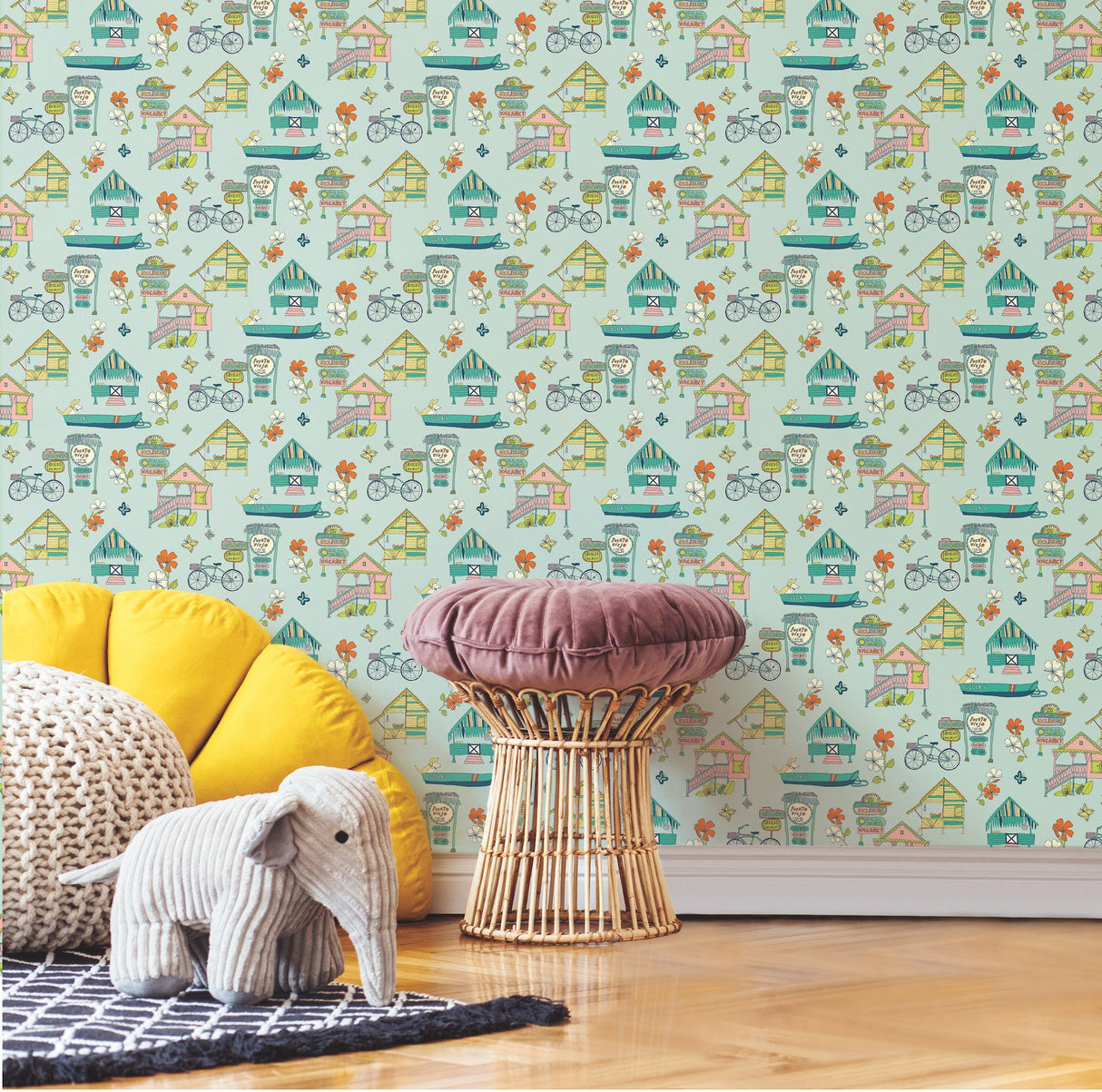 Caribbean Blue Peel & Stick Wallpaper with Whimsical Botanical Flowers Pattern - York RMK12154RL