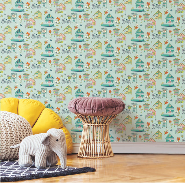 Caribbean Blue Peel & Stick Wallpaper with Whimsical Botanical Flowers Pattern - York RMK12154RL