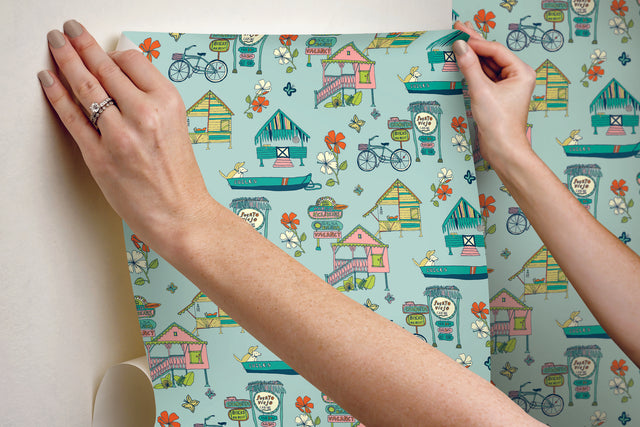 Caribbean Blue Peel & Stick Wallpaper with Whimsical Botanical Flowers Pattern - York RMK12154RL