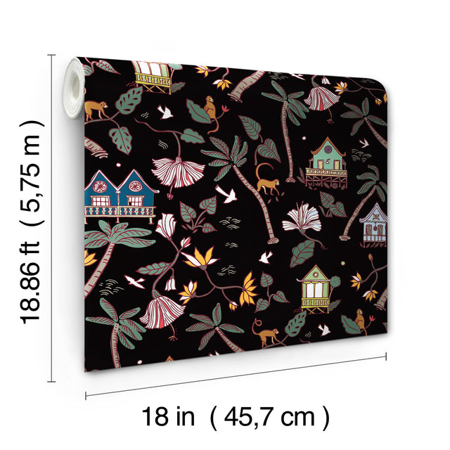Calypso Jungle Black Peel & Stick Wallpaper with Whimsical Botanical Flowers Pattern - York RMK12156RL