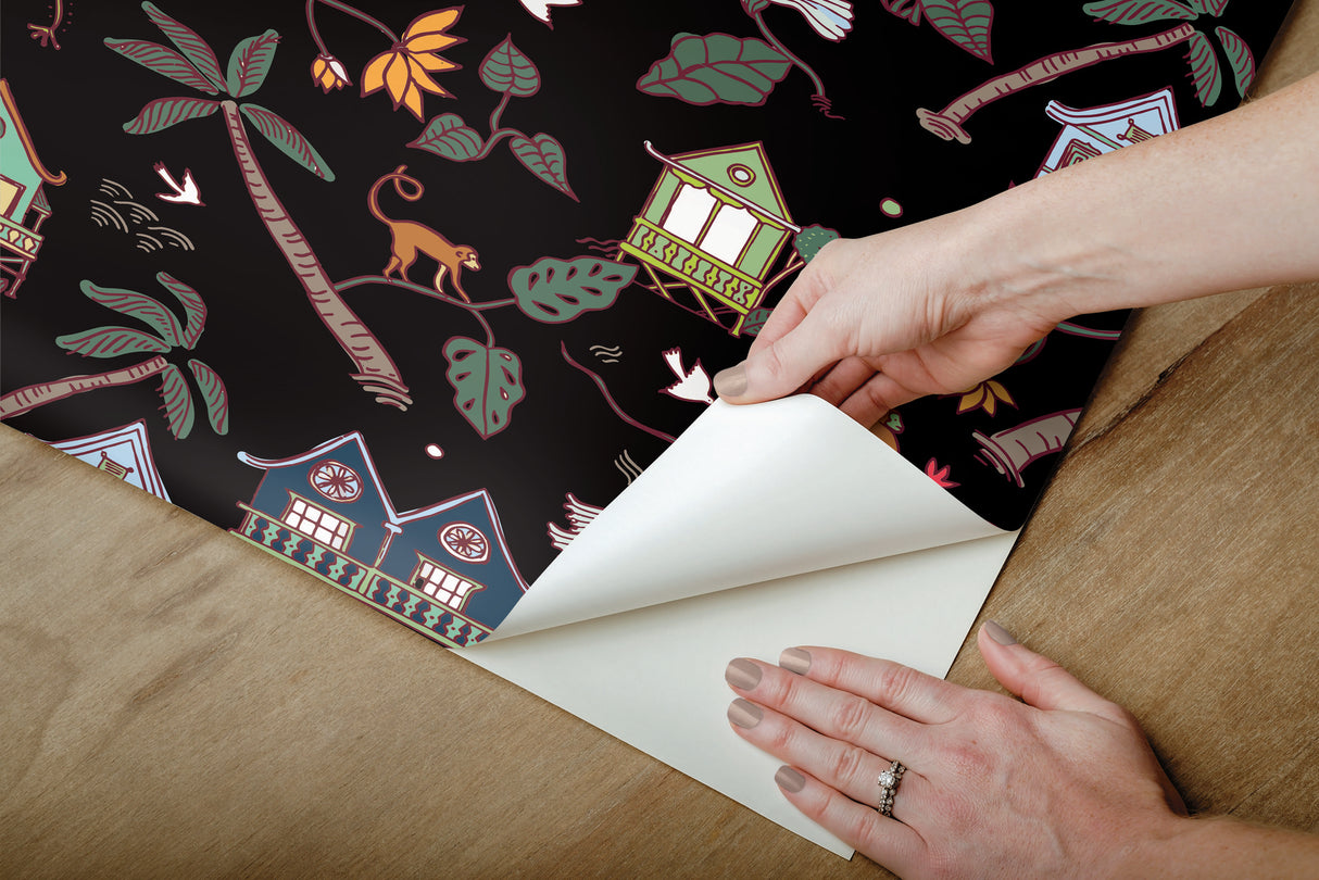 Calypso Jungle Black Peel & Stick Wallpaper with Whimsical Botanical Flowers Pattern - York RMK12156RL