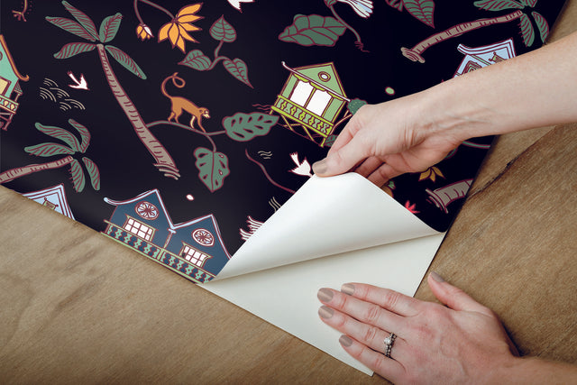 Calypso Jungle Black Peel & Stick Wallpaper with Whimsical Botanical Flowers Pattern - York RMK12156RL