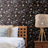 Calypso Jungle Black Peel & Stick Wallpaper with Whimsical Botanical Flowers Pattern - York RMK12156RL