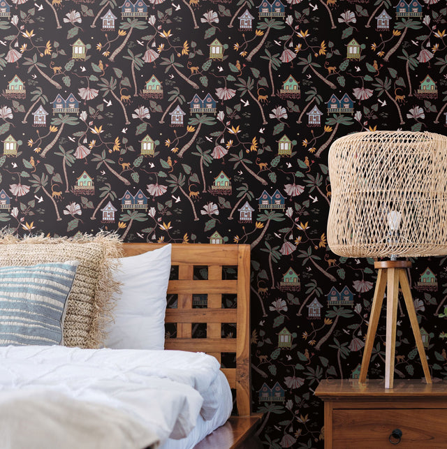 Calypso Jungle Black Peel & Stick Wallpaper with Whimsical Botanical Flowers Pattern - York RMK12156RL