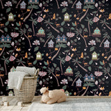 Calypso Jungle Black Peel & Stick Wallpaper with Whimsical Botanical Flowers Pattern - York RMK12156RL