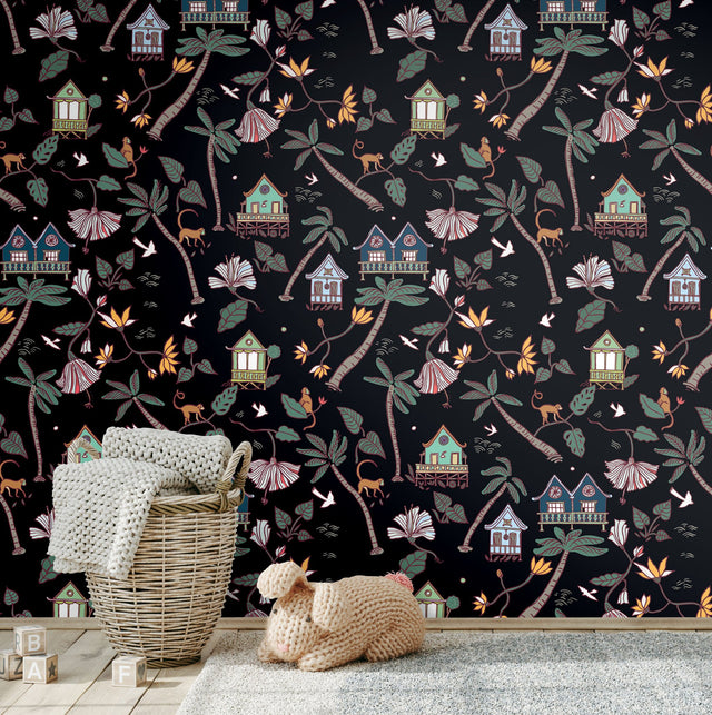 Calypso Jungle Black Peel & Stick Wallpaper with Whimsical Botanical Flowers Pattern - York RMK12156RL