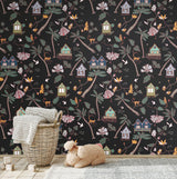 Calypso Jungle Black Peel & Stick Wallpaper with Whimsical Botanical Flowers Pattern - York RMK12156RL