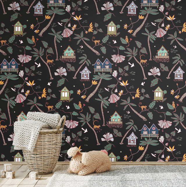 Calypso Jungle Black Peel & Stick Wallpaper with Whimsical Botanical Flowers Pattern - York RMK12156RL