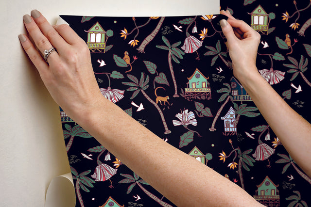 Calypso Jungle Black Peel & Stick Wallpaper with Whimsical Botanical Flowers Pattern - York RMK12156RL