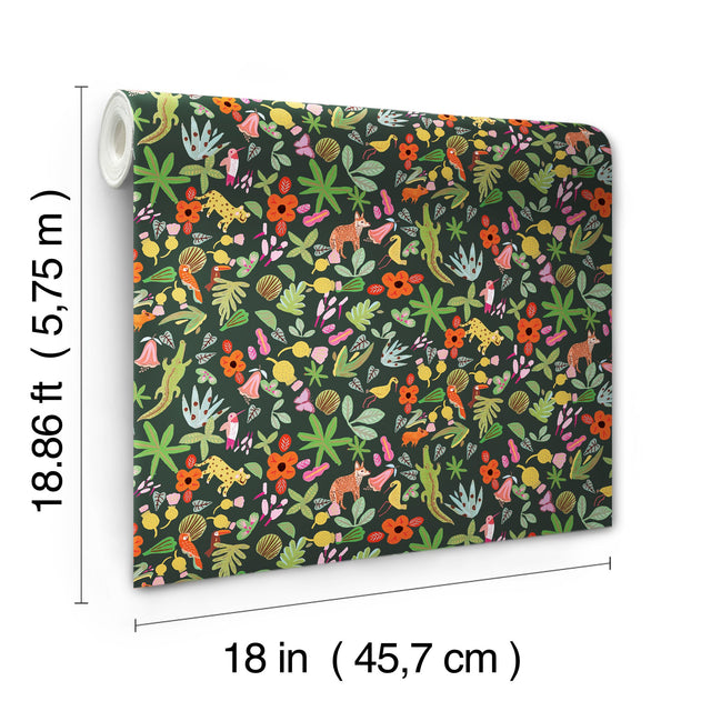 Selva Green Peel & Stick Wallpaper with Whimsical Botanical Flowers Pattern - York RMK12157RL