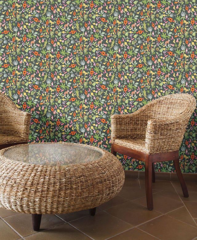 Selva Green Peel & Stick Wallpaper with Whimsical Botanical Flowers Pattern - York RMK12157RL