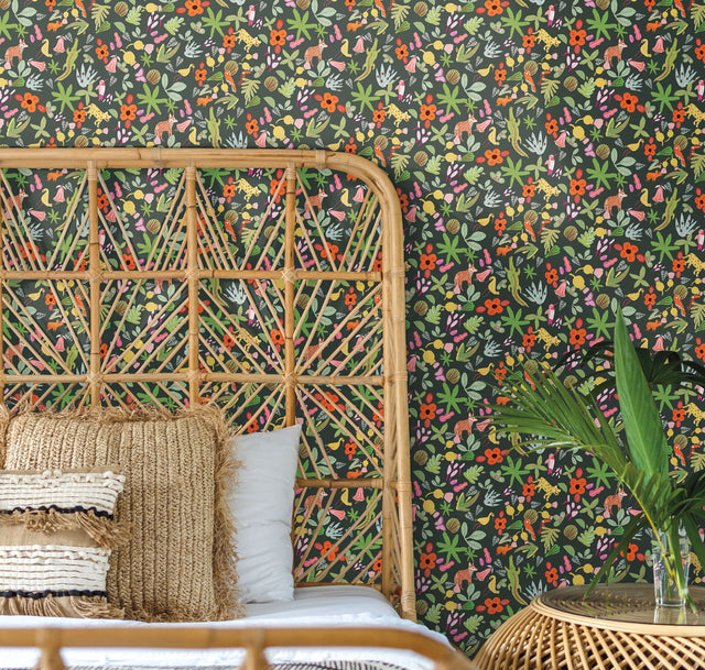 Selva Green Peel & Stick Wallpaper with Whimsical Botanical Flowers Pattern - York RMK12157RL