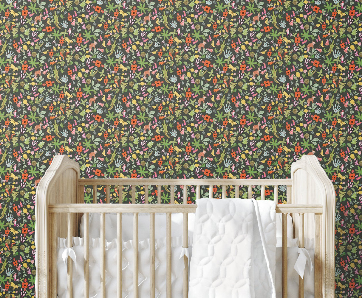 Selva Green Peel & Stick Wallpaper with Whimsical Botanical Flowers Pattern - York RMK12157RL