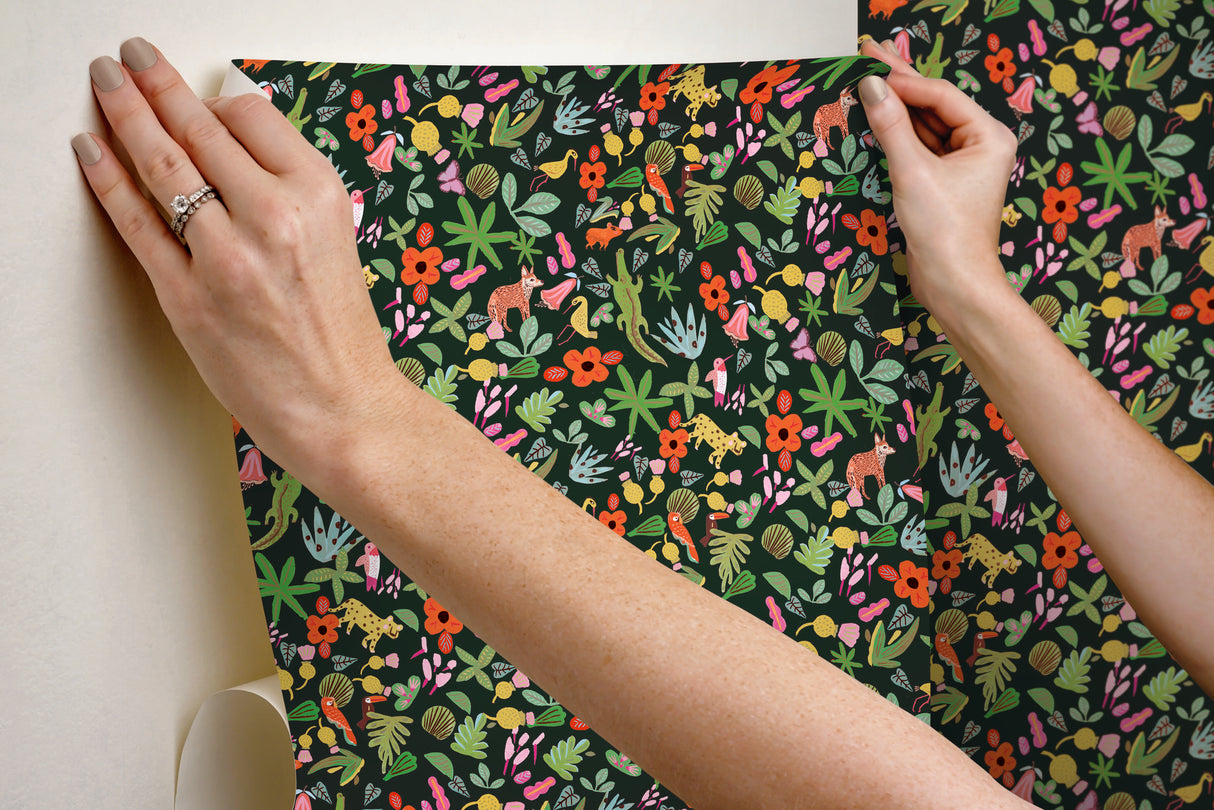 Selva Green Peel & Stick Wallpaper with Whimsical Botanical Flowers Pattern - York RMK12157RL