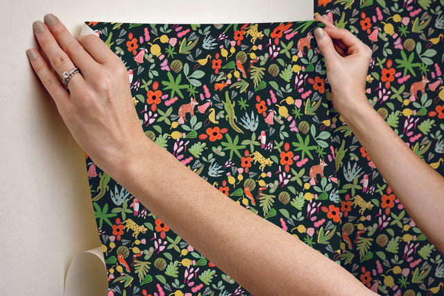 Selva Green Peel & Stick Wallpaper with Whimsical Botanical Flowers Pattern - York RMK12157RL