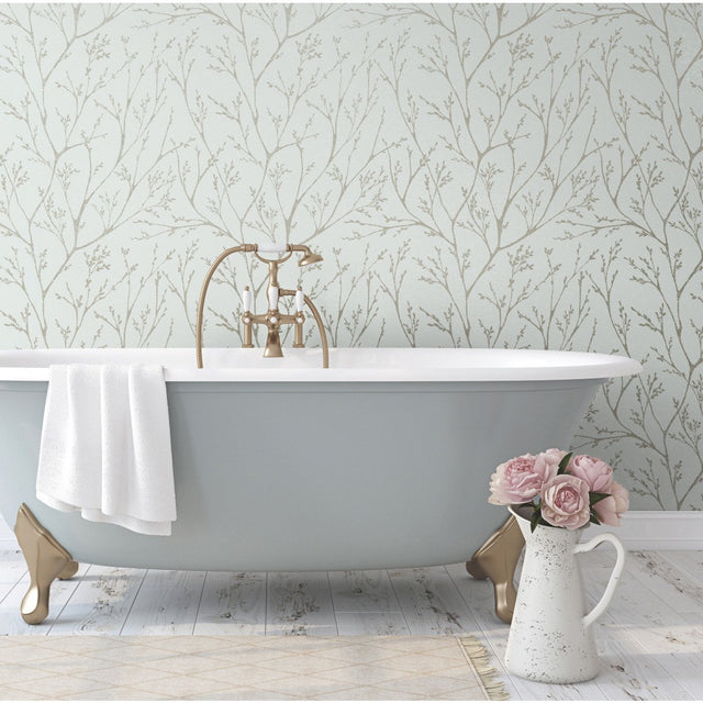 Tree Branches Blue Peel & Stick Wallpaper with Whimsical Botanical Trees Pattern - York RMK12161WP