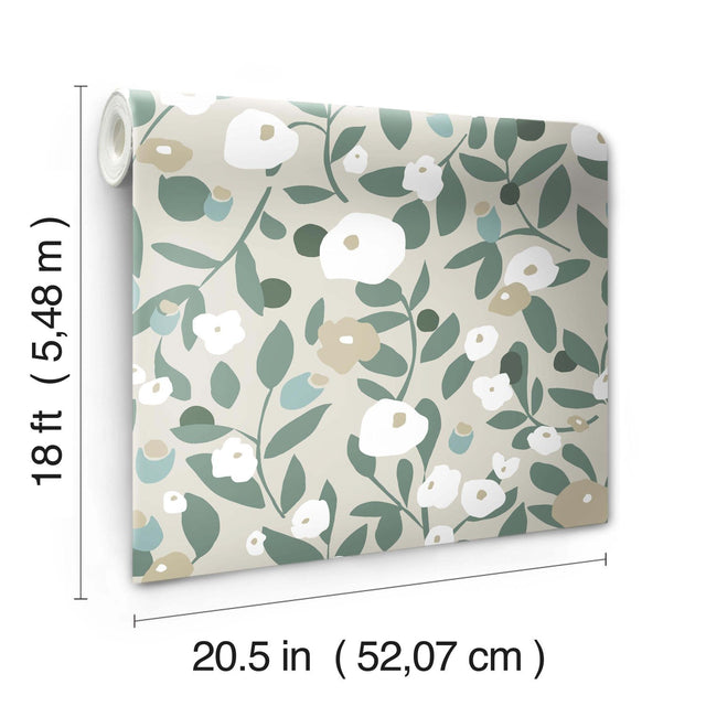 Kensington Garden Beige Peel & Stick Wallpaper with Whimsical Botanical Floral Pattern - York RMK12164PLW
