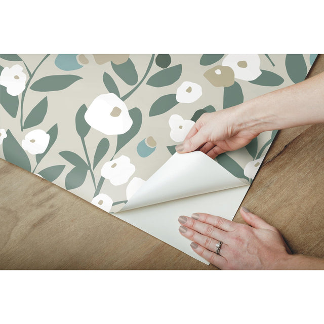 Kensington Garden Beige Peel & Stick Wallpaper with Whimsical Botanical Floral Pattern - York RMK12164PLW