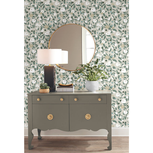 Kensington Garden Beige Peel & Stick Wallpaper with Whimsical Botanical Floral Pattern - York RMK12164PLW