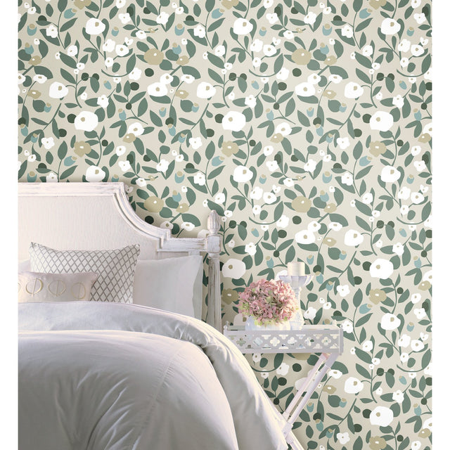 Kensington Garden Beige Peel & Stick Wallpaper with Whimsical Botanical Floral Pattern - York RMK12164PLW