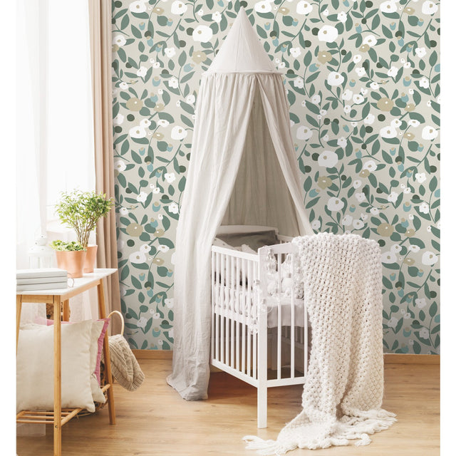 Kensington Garden Beige Peel & Stick Wallpaper with Whimsical Botanical Floral Pattern - York RMK12164PLW