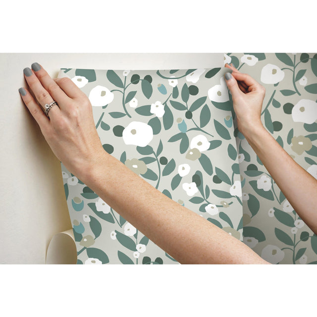Kensington Garden Beige Peel & Stick Wallpaper with Whimsical Botanical Floral Pattern - York RMK12164PLW