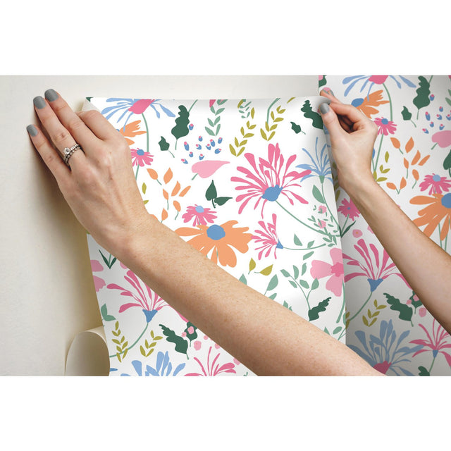 Bella Garden Multicolor Peel & Stick Wallpaper with Whimsical Botanical Floral Pattern - York RMK12174PLW
