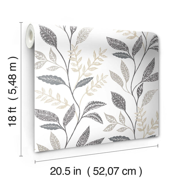 Cottage Vine Grey Peel & Stick Wallpaper with Whimsical Botanical Floral Pattern - York RMK12178PLW