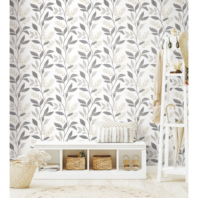 Cottage Vine Grey Peel & Stick Wallpaper with Whimsical Botanical Floral Pattern - York RMK12178PLW