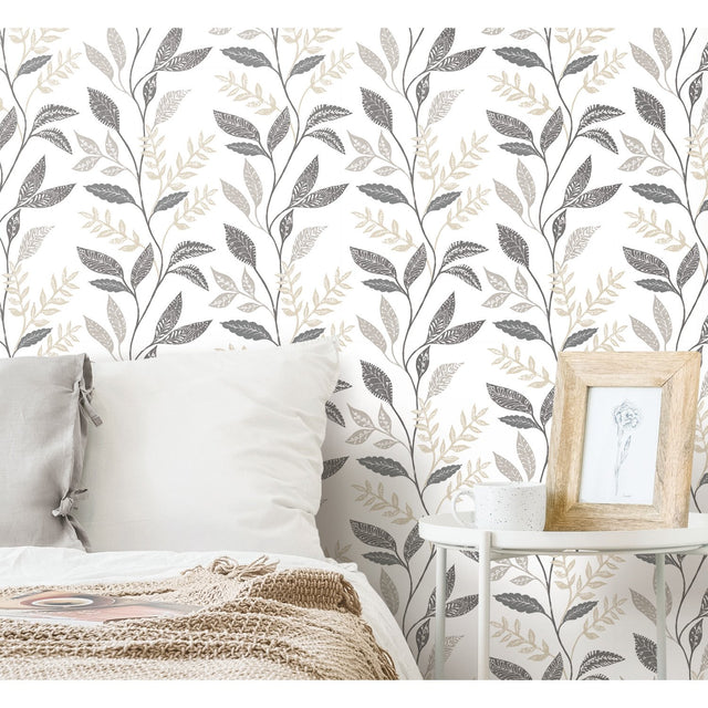 Cottage Vine Grey Peel & Stick Wallpaper with Whimsical Botanical Floral Pattern - York RMK12178PLW