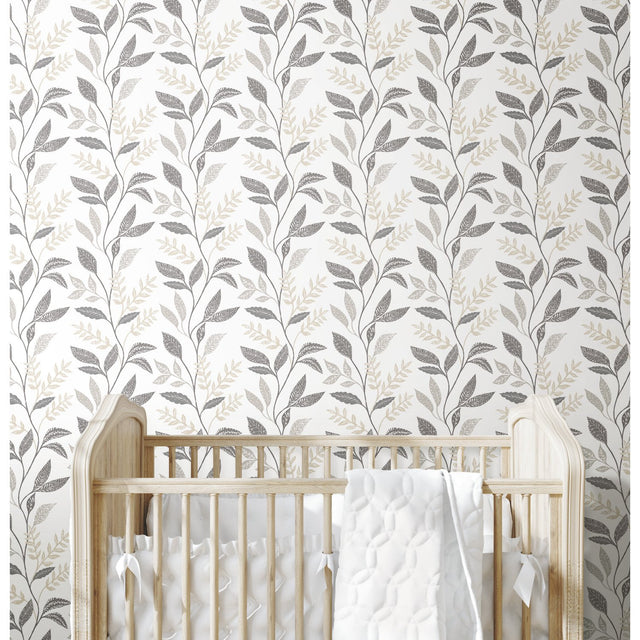 Cottage Vine Grey Peel & Stick Wallpaper with Whimsical Botanical Floral Pattern - York RMK12178PLW