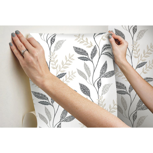 Cottage Vine Grey Peel & Stick Wallpaper with Whimsical Botanical Floral Pattern - York RMK12178PLW