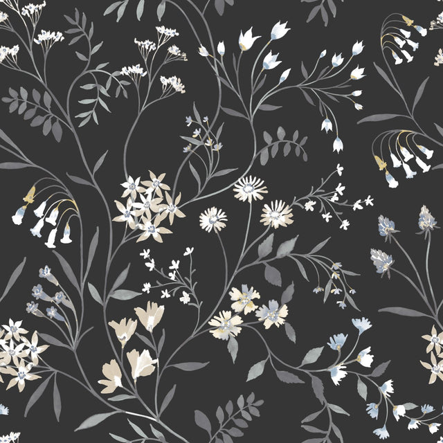Meadow Mix Black Peel & Stick Wallpaper with Whimsical Botanical Flowers Pattern - York RMK12179PLW