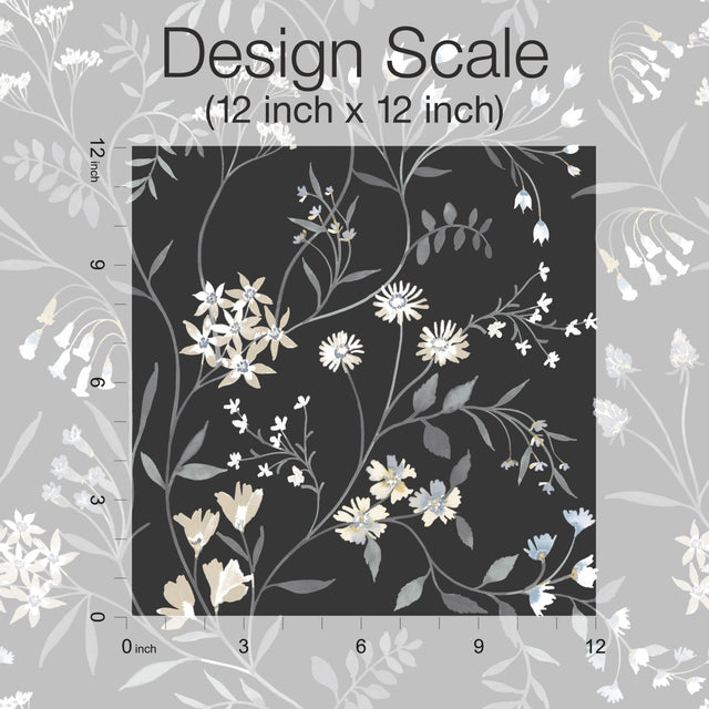 Meadow Mix Black Peel & Stick Wallpaper with Whimsical Botanical Flowers Pattern - York RMK12179PLW