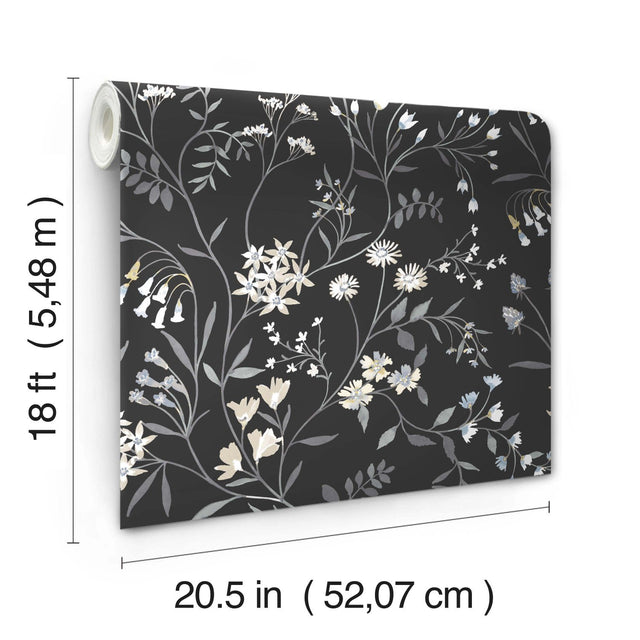Meadow Mix Black Peel & Stick Wallpaper with Whimsical Botanical Flowers Pattern - York RMK12179PLW